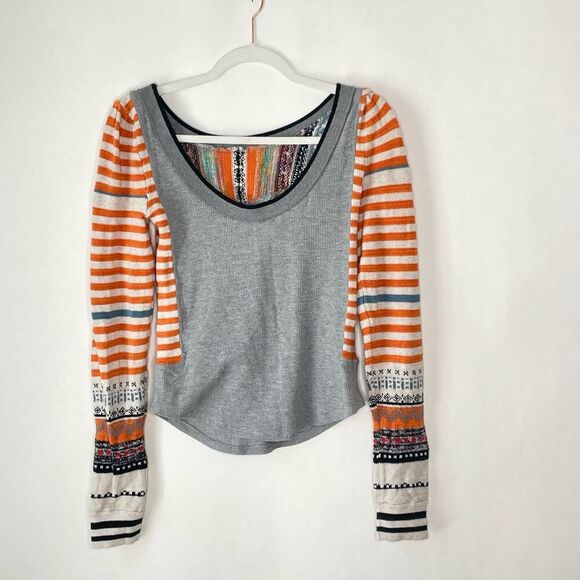 Free People Striped Embroidered BOHO Thermal Scoop Back Top sz. XS #ZZ - Picture 3 of 10